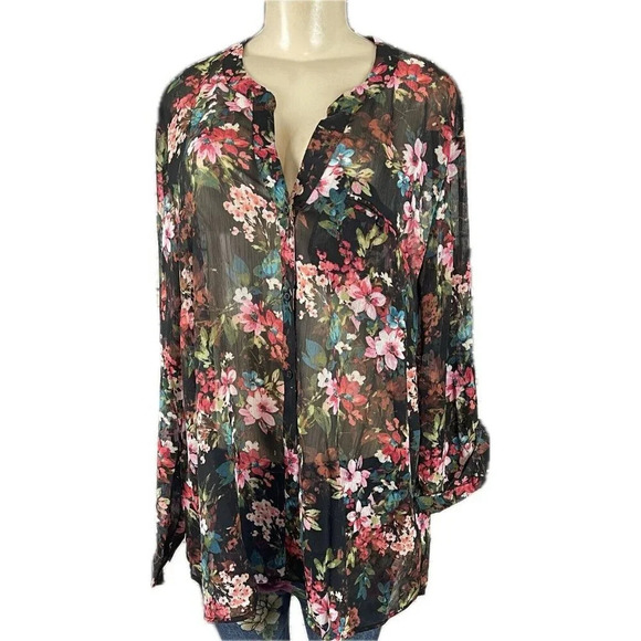 Kut From the Kloth Plus 2X Sheer Black Floral Button Roll-Tab Long Sleeve Blouse - Picture 2 of 6
